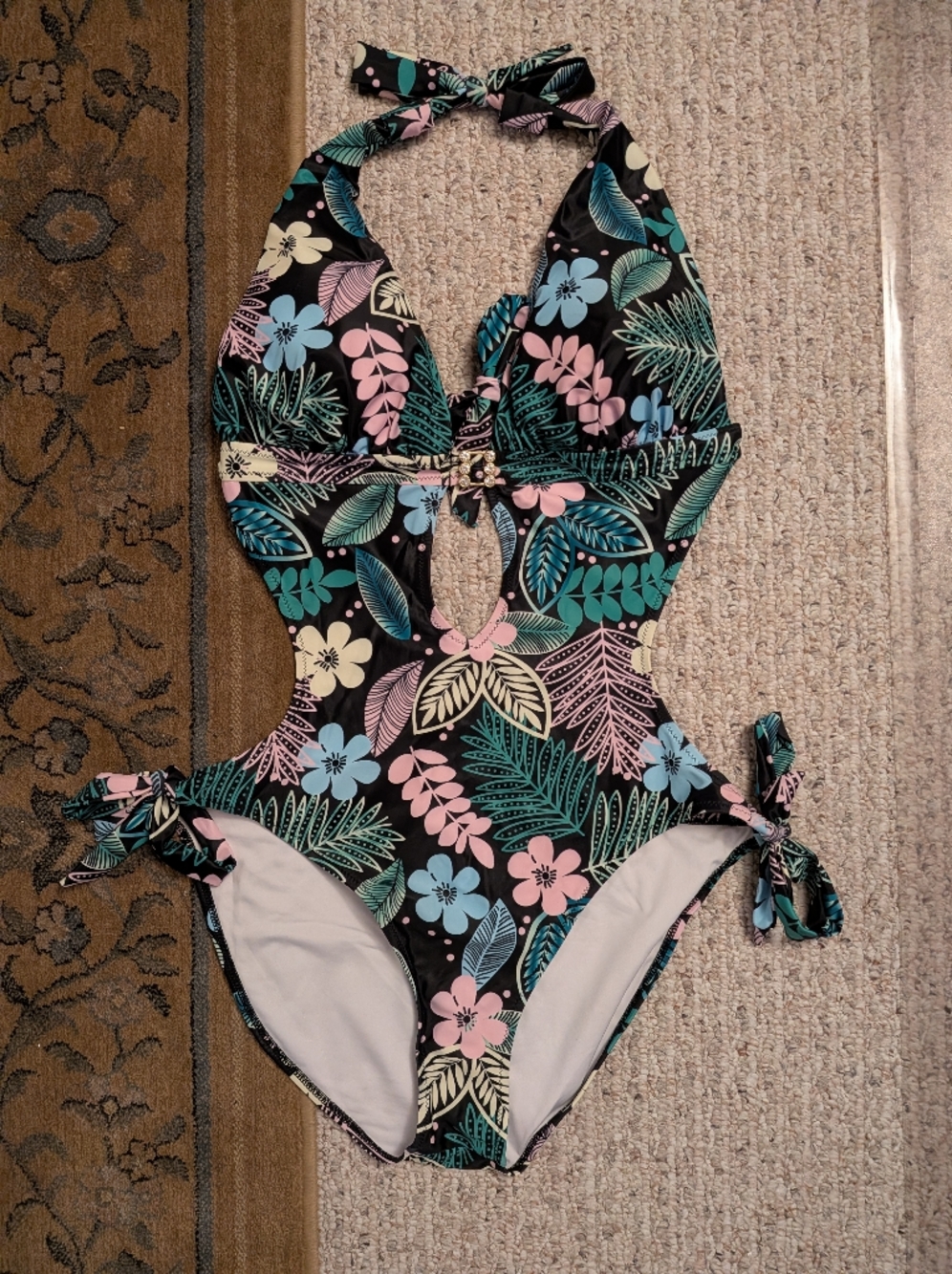 Women's Cut-out Monokini W Tie Back And Sides, Black w Pastel Floral, Size L
